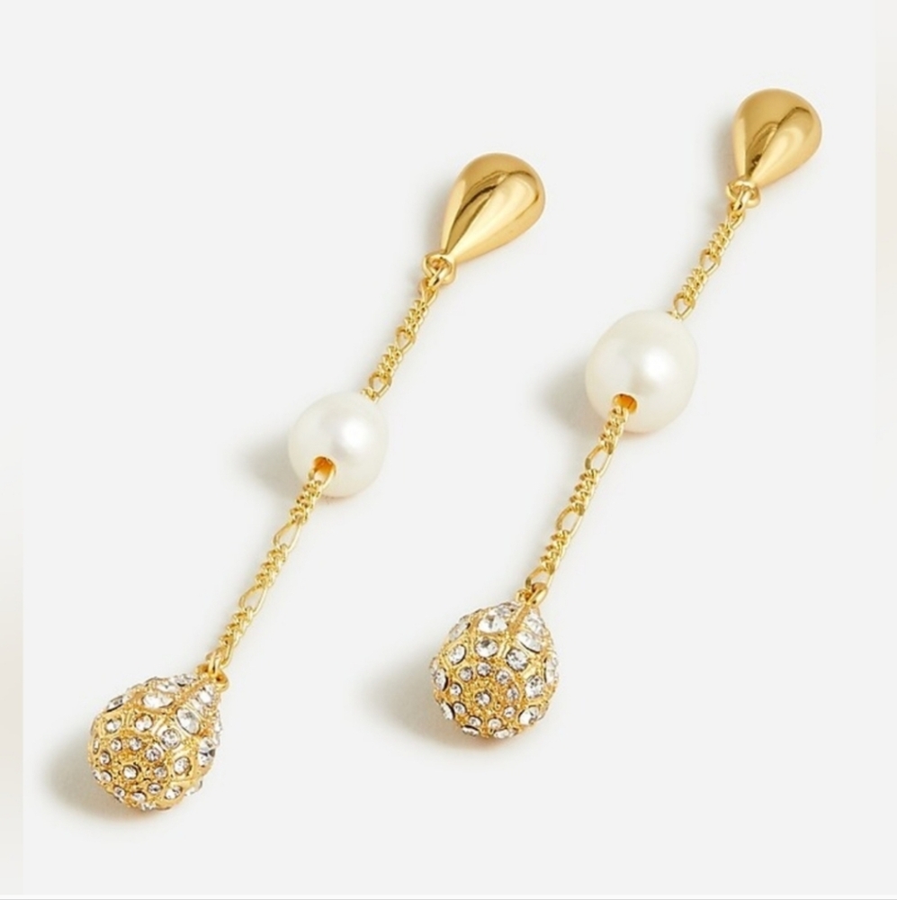 J. Crew Gold Teardrop Pearl and Pavé Crystal Waterfall Earrings